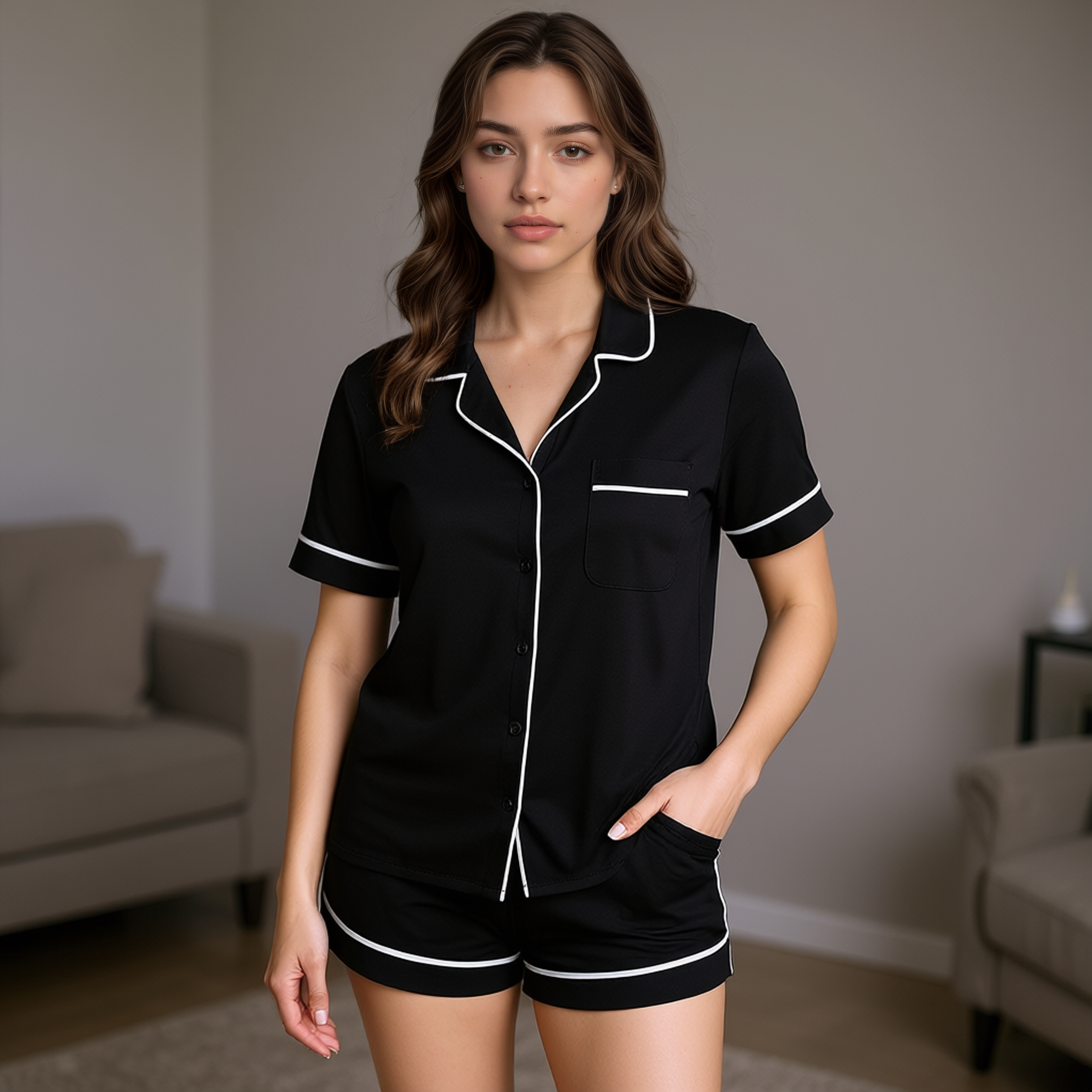 Women Cloud Knit Short Sleeve Notch Collar Shirt and Shorts Pajama Set