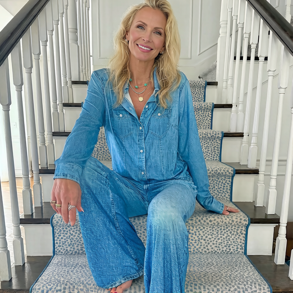 Faux Denim Print Two Piece Set