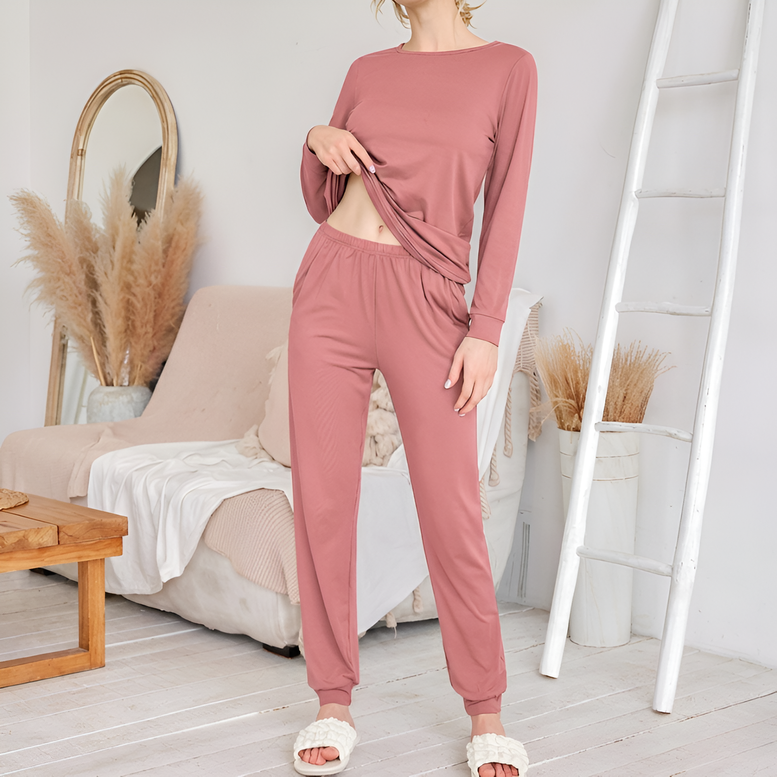 Pack Of 2 Long Sleeve Top And Jogger Pants Pajama Set With Pockets For Women