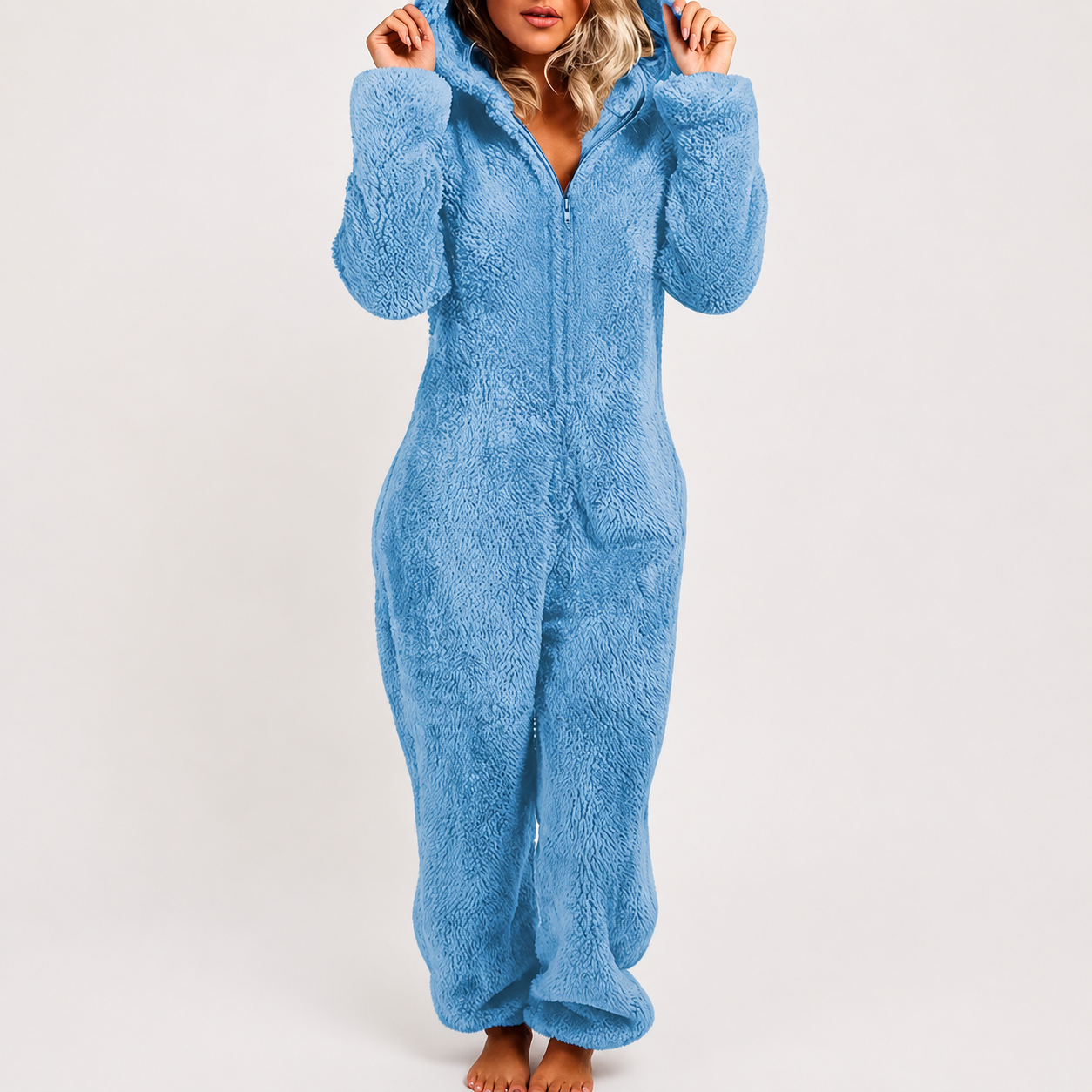 Solid Fall Winter Sleepwear Hooded Plush Pajama Jumpsuit With Zipper For Women