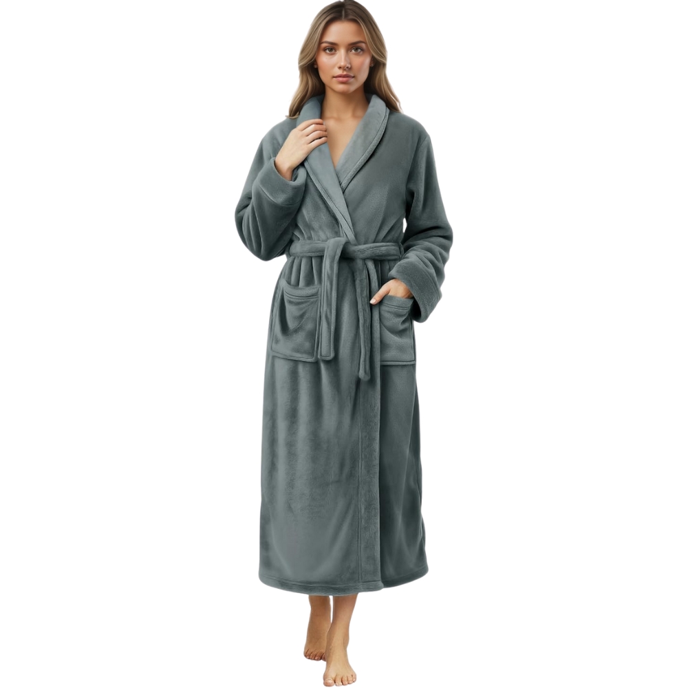 Plush Fleece Long Bath Robe With Shawl Collar And Belt For Women