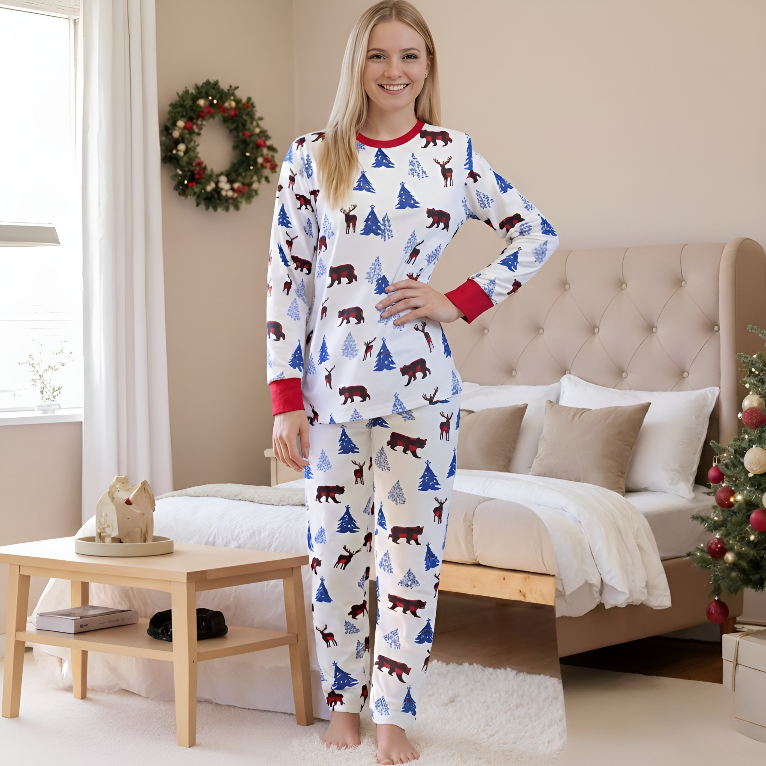 Long Sleeve Bear Print Tops and Plaid Pants Family Matching Pajama Sets