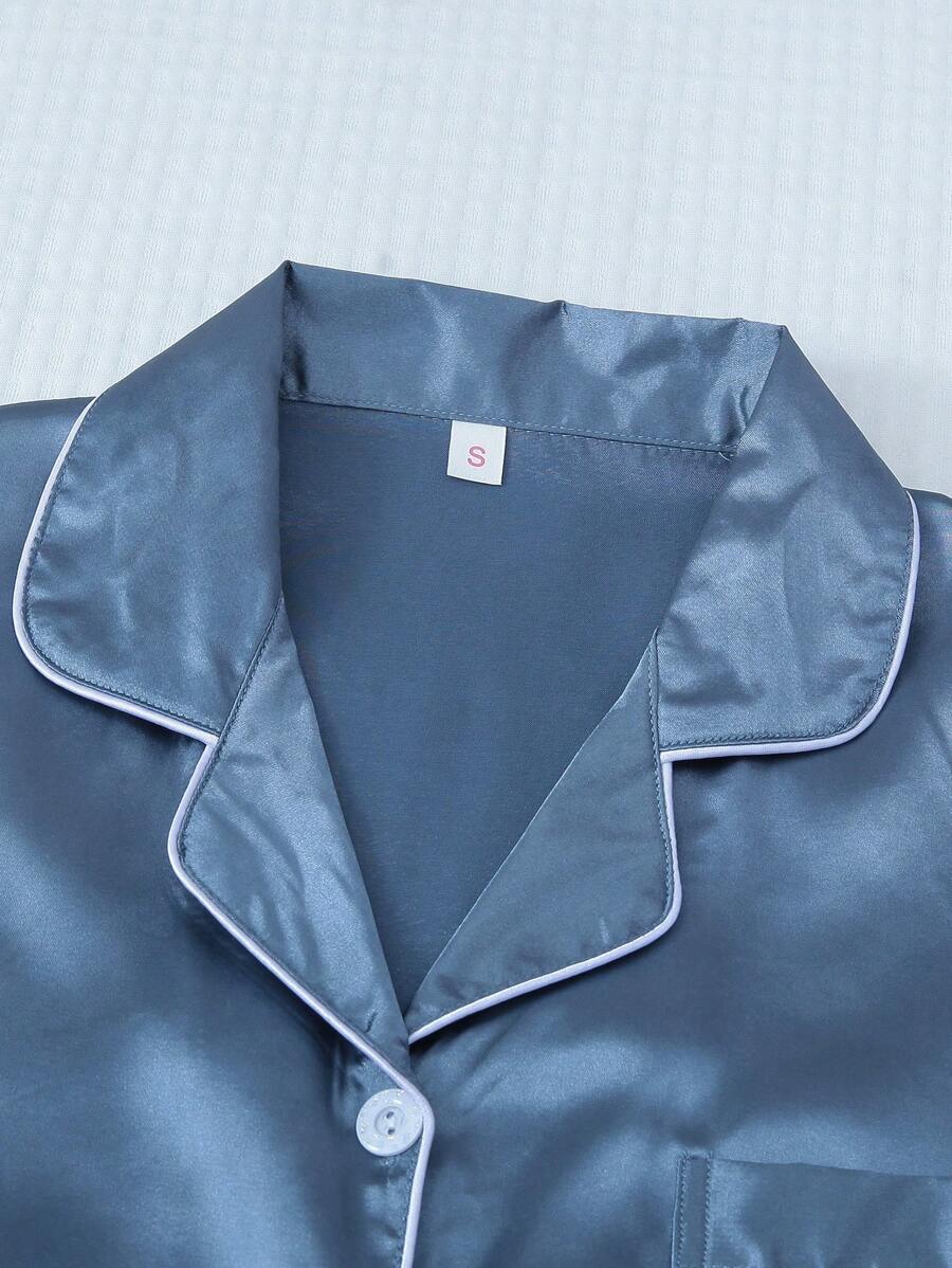 [Elegant Fields]2pcs/Set Satin Blue Pajama Set Include Short Sleeve Lapel Top And Bowknot Shorts For Women, Homewear, Two Pieces Set, Cool Light Blue - Blue - View 3