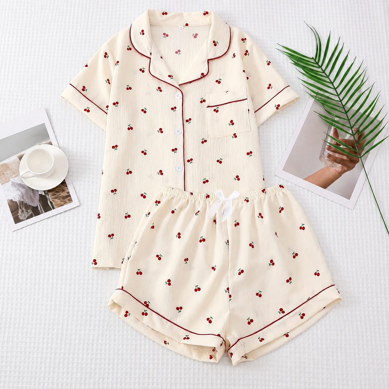 Cherry Print Lapel Top and Bow Shorts Set For Women