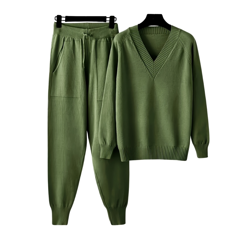 V Collar Knit Sweater Pant Set