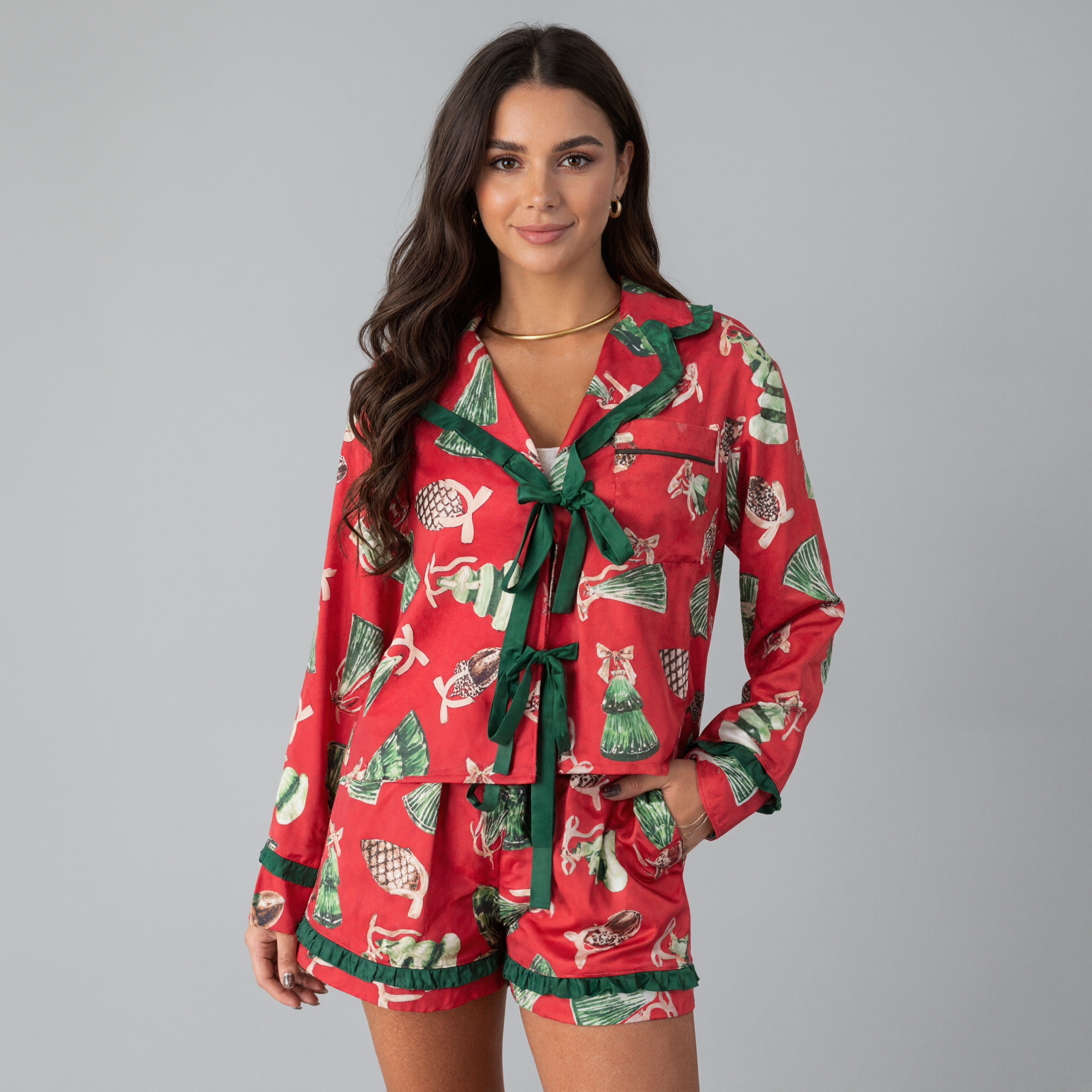 Christmas Contrasting Bow Pajama Set