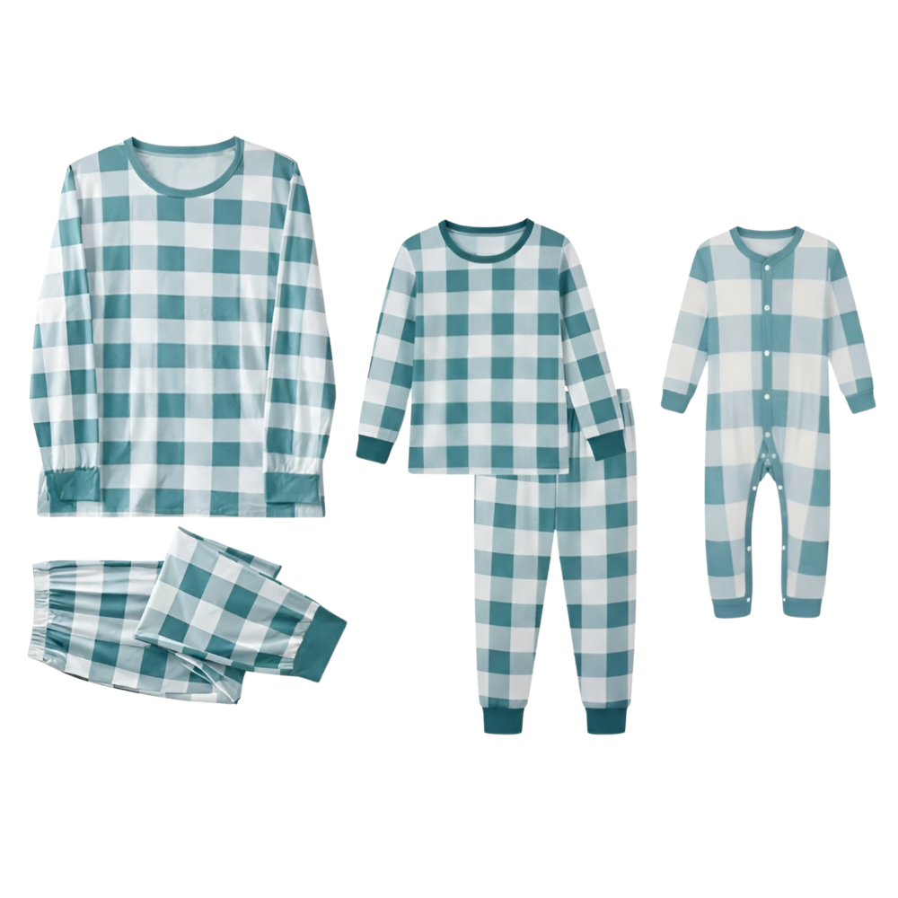 Teal Long Sleeve T Shirt with Pants Plaid Loungewear Family Matching Pajama Sets