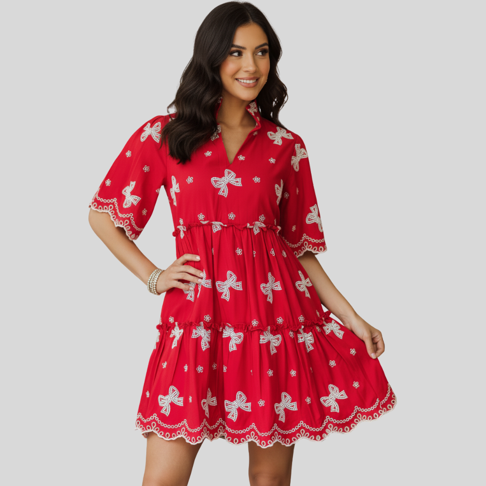 Bow Printed Embroidered Dress For Women