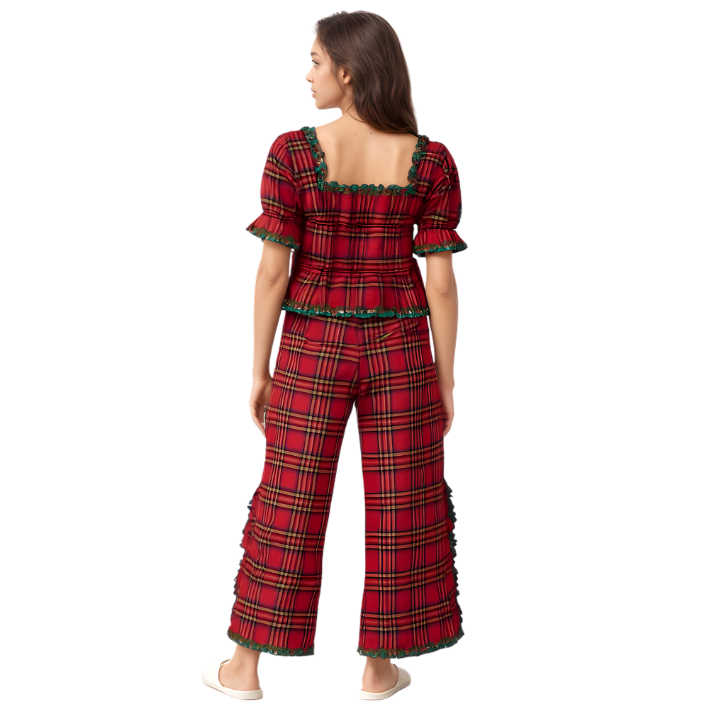 Christmas Charm Plaid Pajama Set For Women