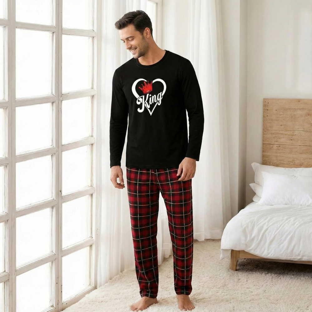 King Queen Printed Long Sleeve Matching Pajama Set For Couple