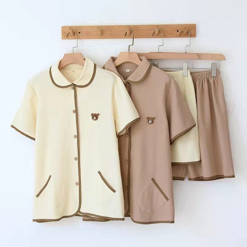 Cotton Knitted Couple 2 Piece Short Sleeve Pajama Set-Original Pajamas