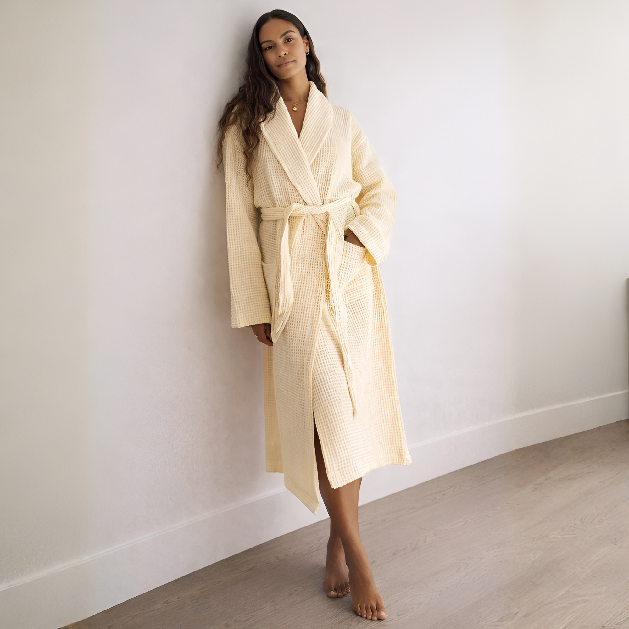Long Sleeve Waffle Knit Robe For Women