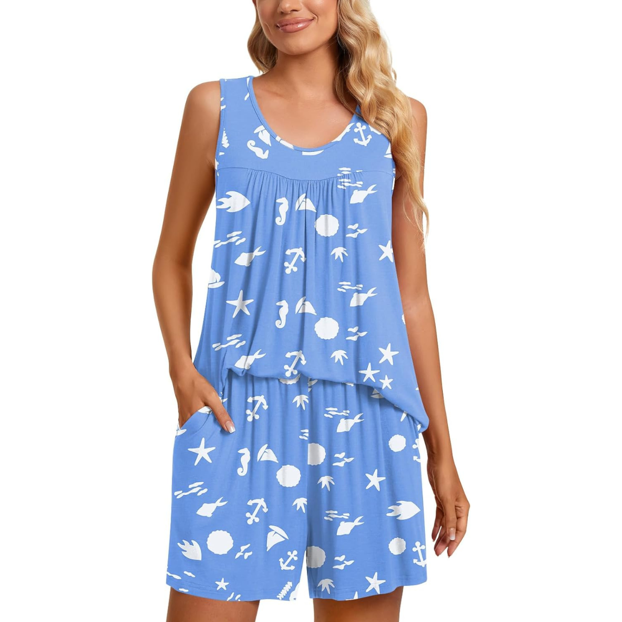 2 Piece Sleeveless Pajama Set With Pockets For Women