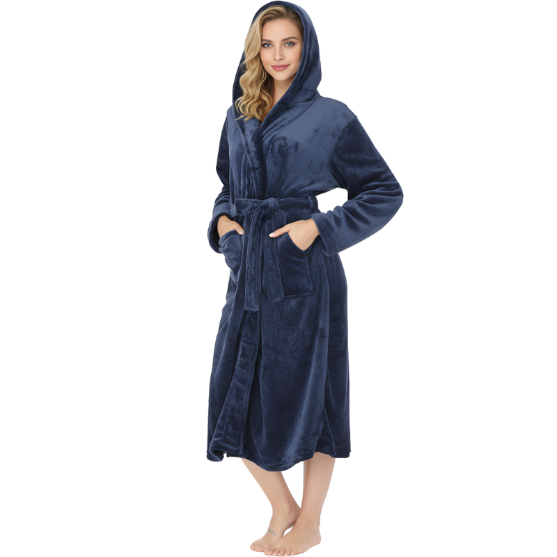 Womens Robes Plush Fleece Hooded Bathrobe Thick Nightgown With Pockets Fluffy Sleepwear