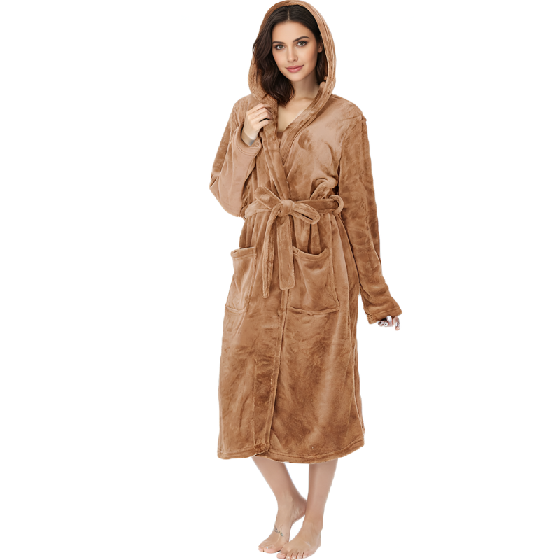 Womens Robes Plush Fleece Hooded Bathrobe Thick Nightgown With Pockets Fluffy Sleepwear