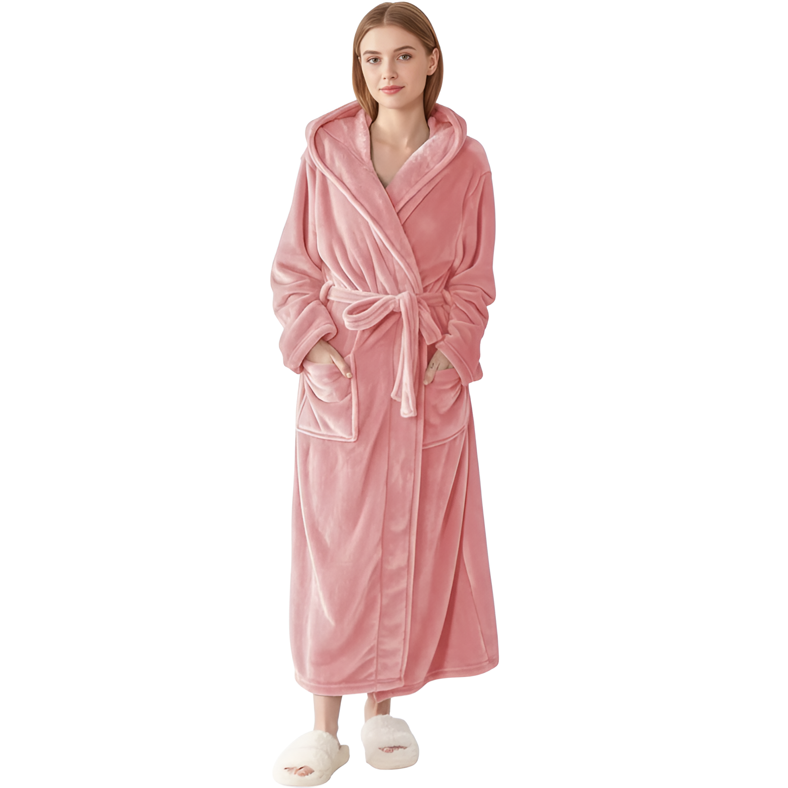 Full Length Hooded Plush Fleece Bathrobe For Women