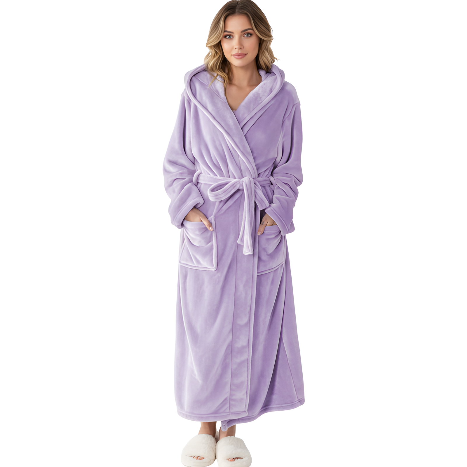 Full Length Hooded Plush Fleece Bathrobe For Women
