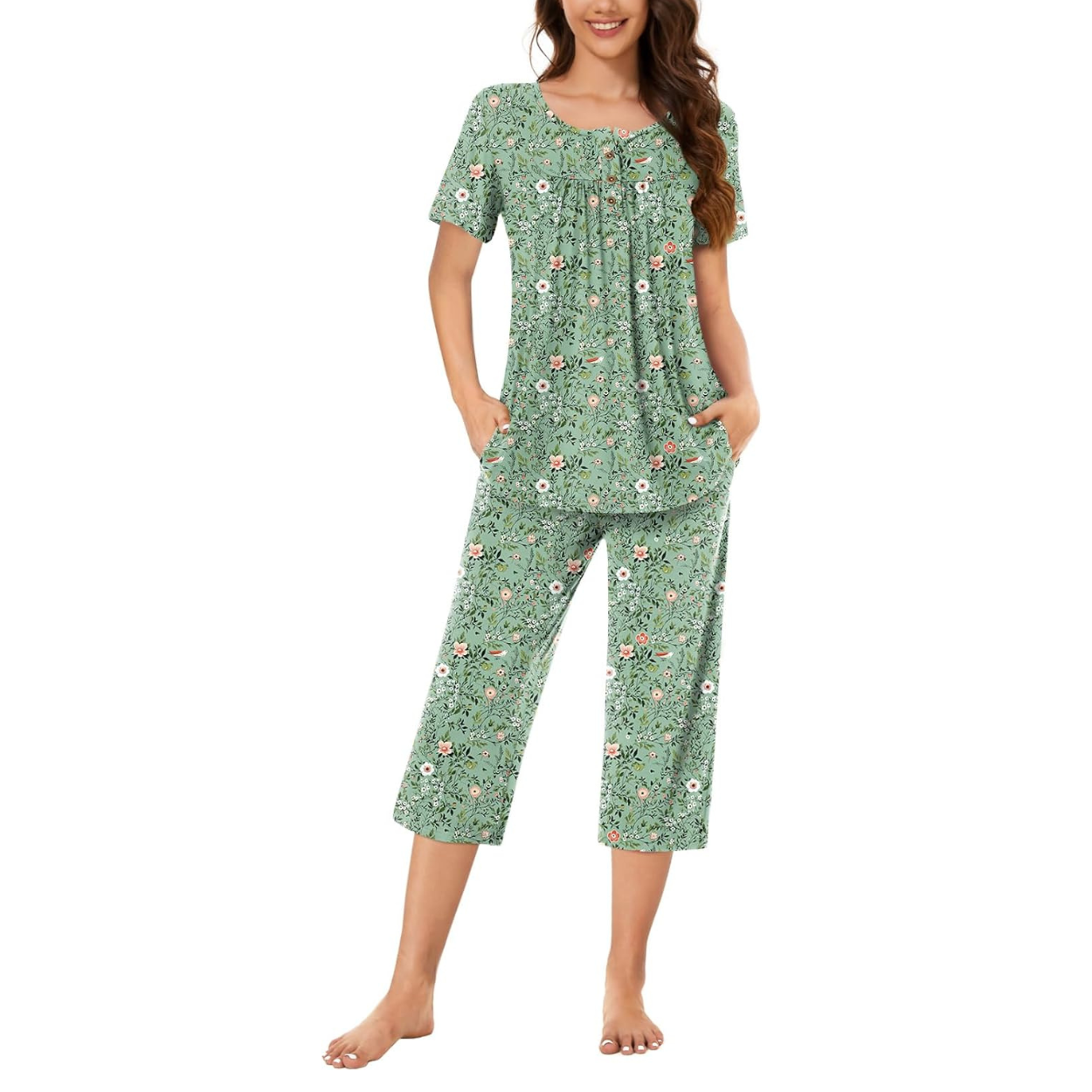 2 Piece Summer Pajama Set with Capri Pants For Women