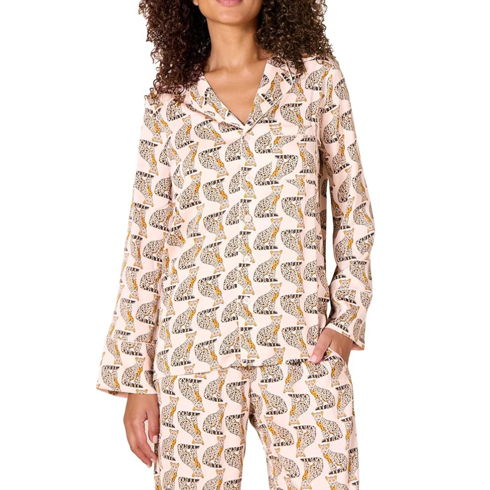 Cheetah Printed Long Sleeve Satin Pajama Shirt