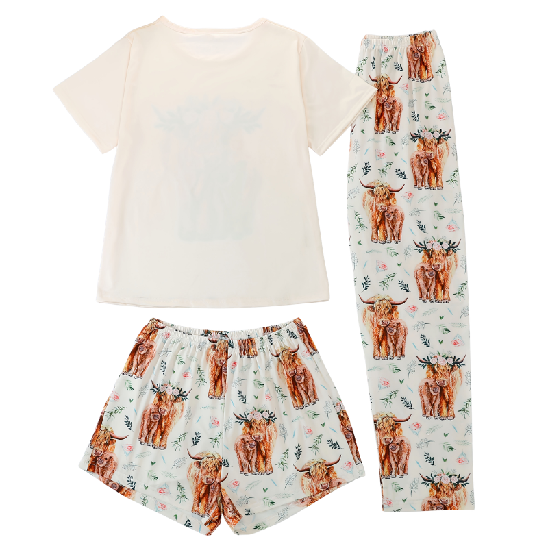 Highland Cow Print Short Sleeve Pajama Set For Women