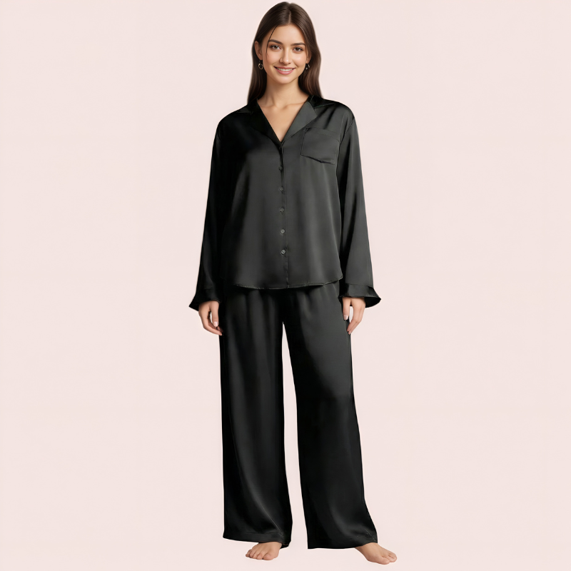 Ruffled Satin Long Sleeve Pajama Set