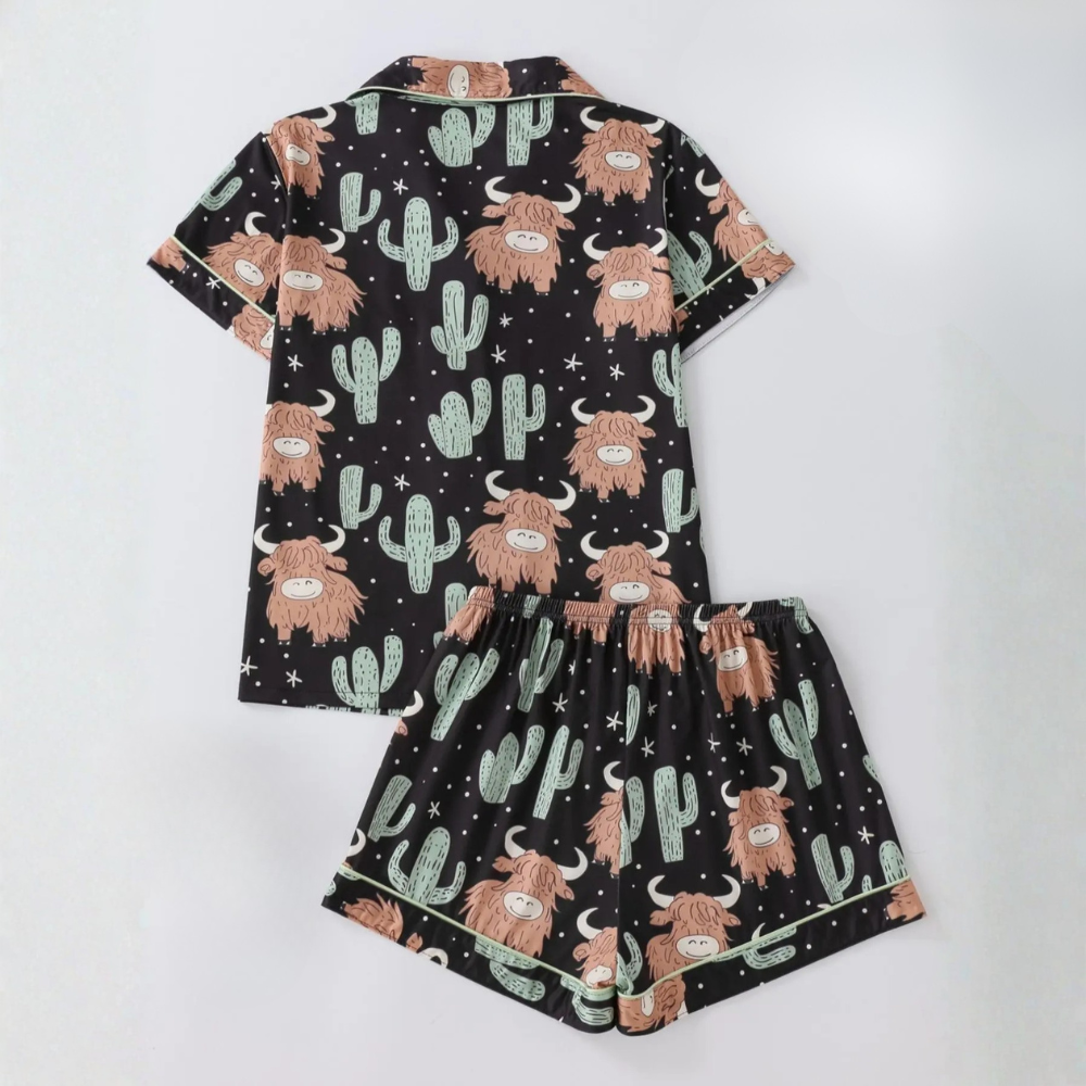 Women Cartoon Yak And Cactus Two Piece Pajama Set