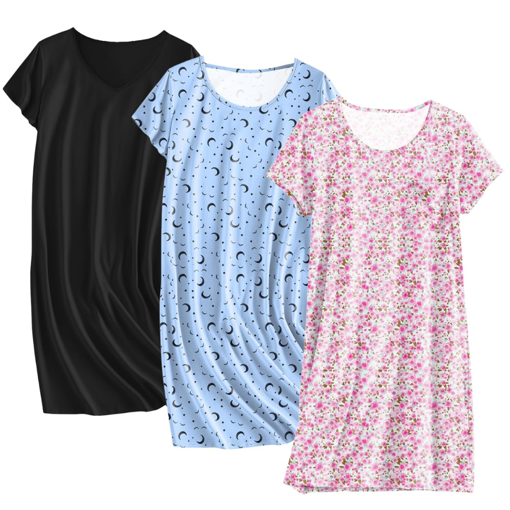 Pack Of 3 Soft Short Sleeve Sleepwear Dresses for Wo