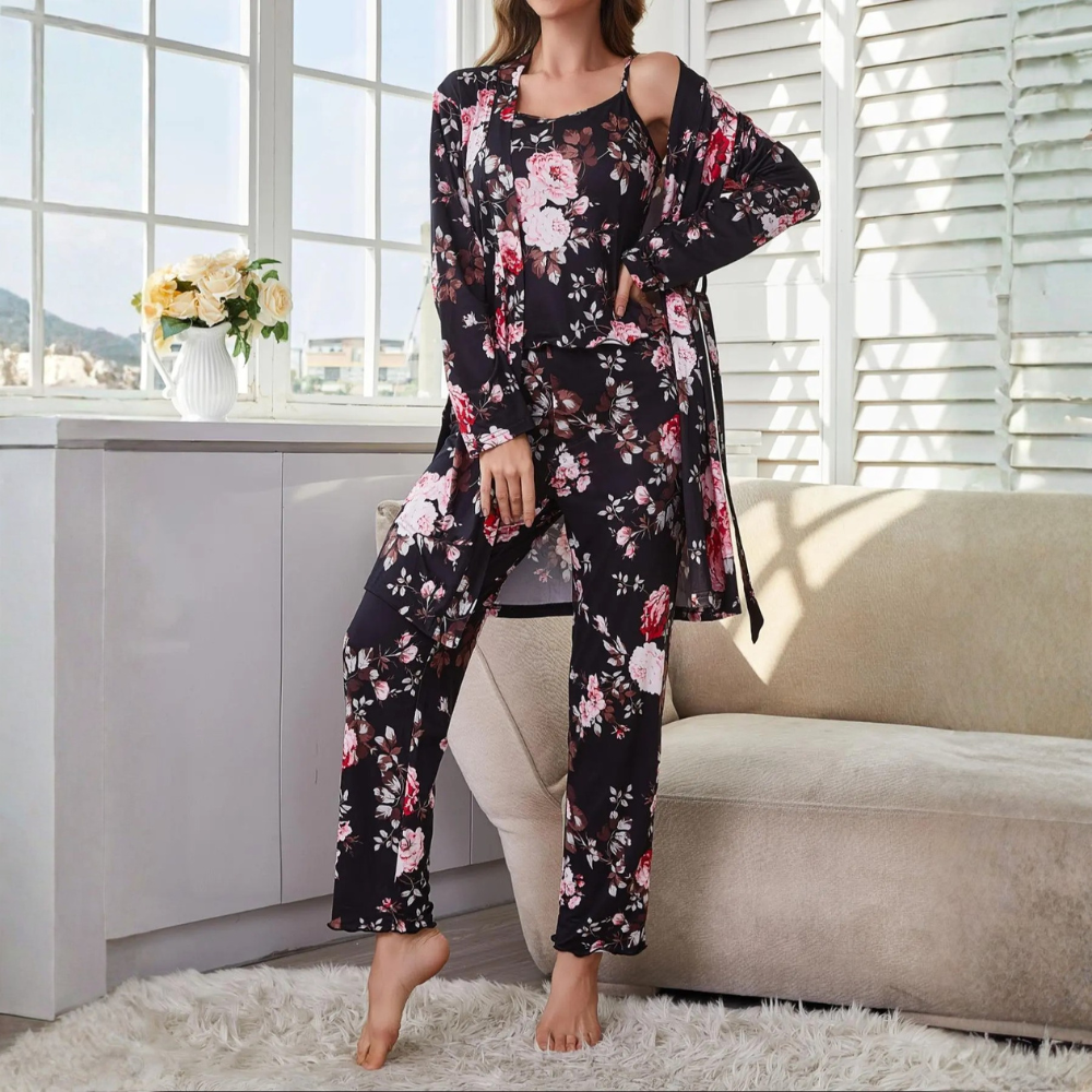 3 Piece Floral Print Pajama Set With Cami Top And Matching Pants