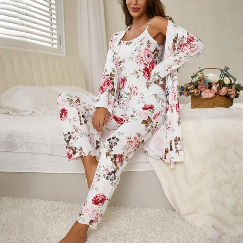 3 Piece Floral Print Pajama Set With Cami Top And Matching Pants