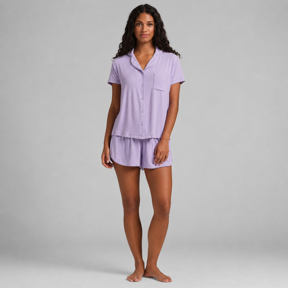 Soft Ribbed Short Sleeve Pajama Set For Women