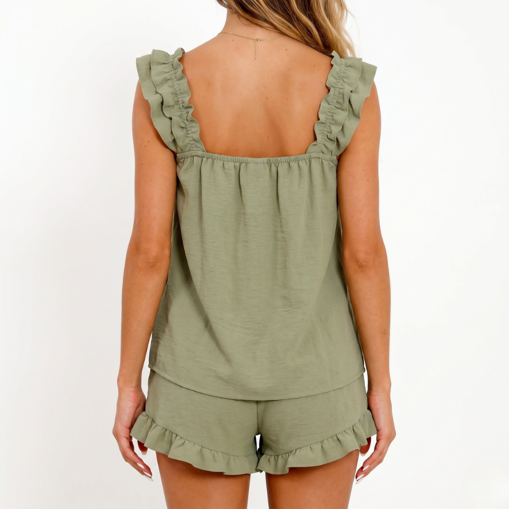 2 Piece Ruffle Design Soft Tank Top And Short Pajama Set For Women
