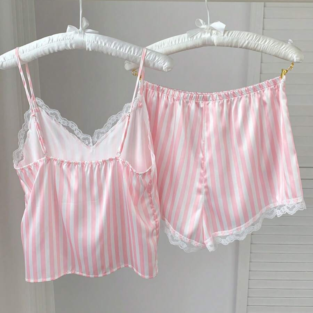 Vertical Stripe Lace Trim Satin Cami Top And Shorts Pajama Set For Women
