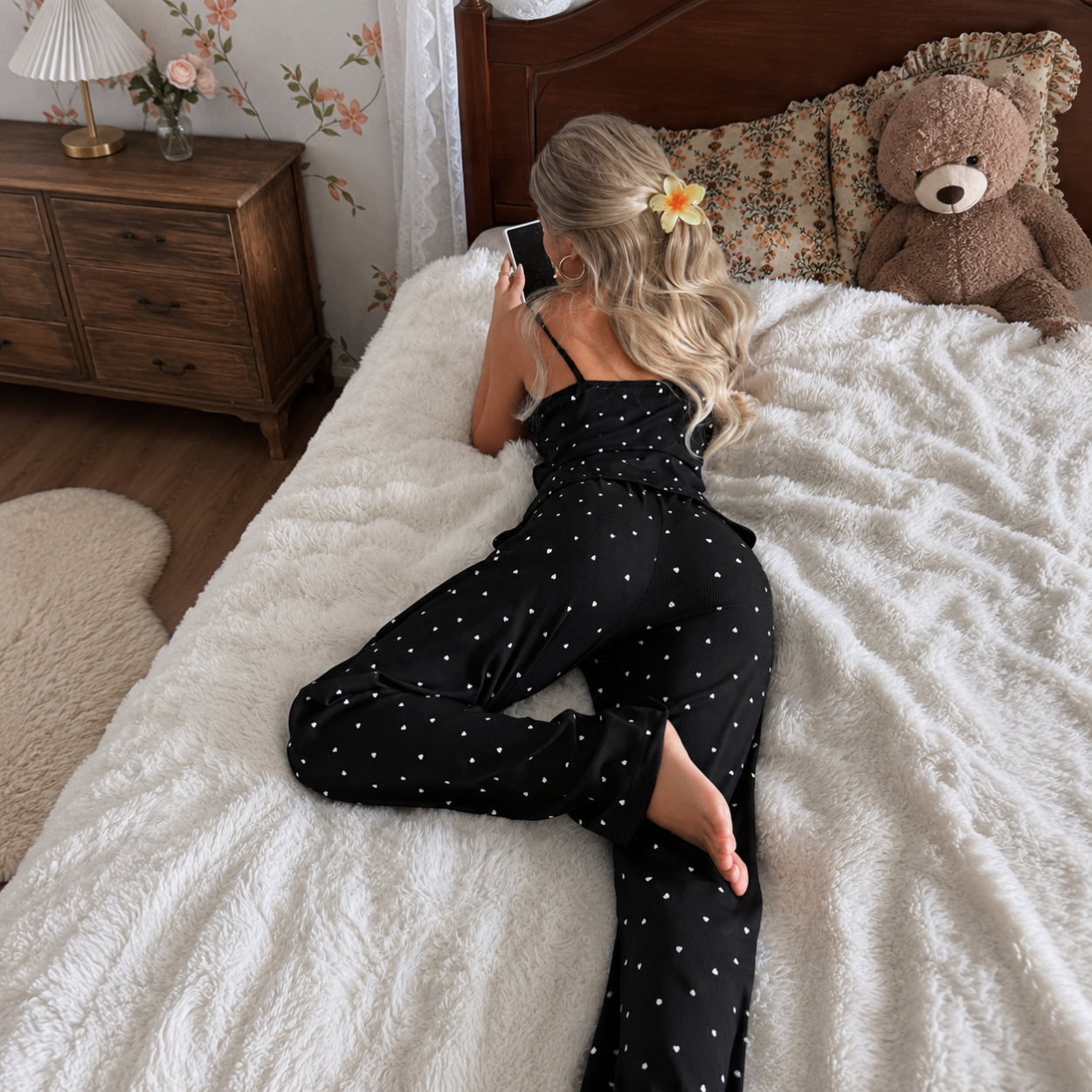 Casual Ribbed Lace Cami And Long Pants Sleepwear Set For Women