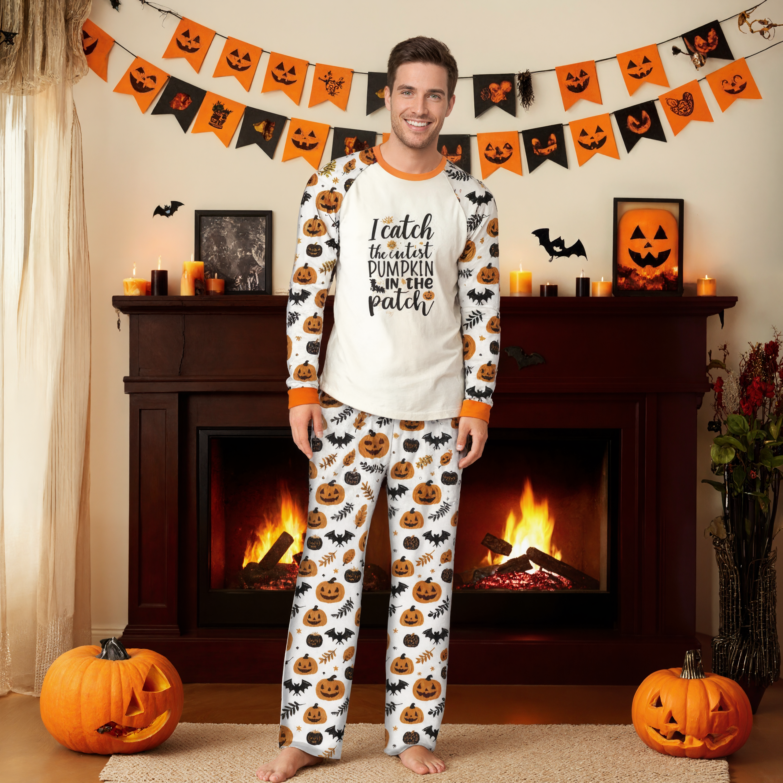 Halloween Letter Print & White pumpkin leaves Graphic Family Matching Pajama Sets