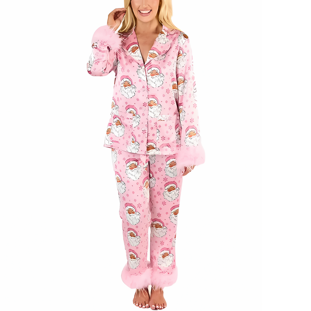 Santa Print Feather Trim Holiday Pajama Set-Original Pajamas
