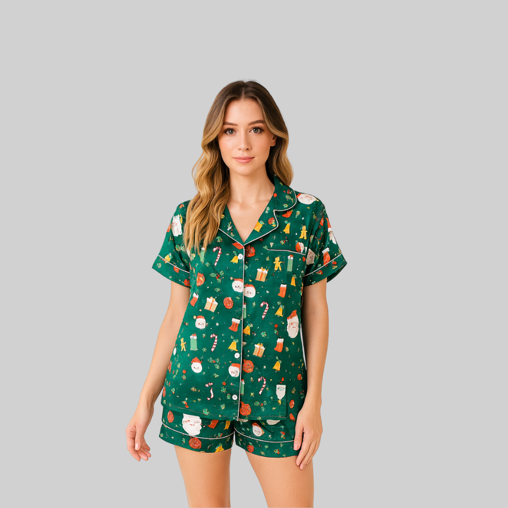 Christmas Silk Pajamas Women Short Sleeve Satin Button Down Set
