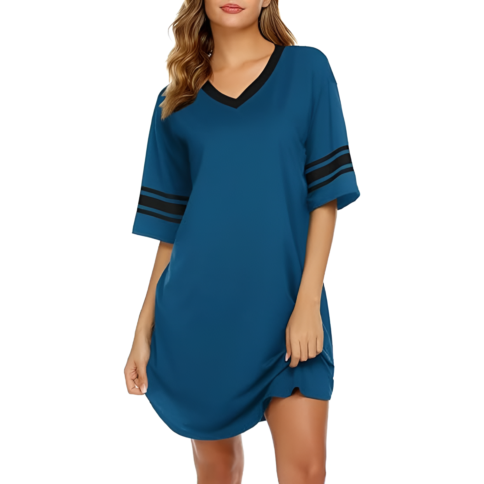 Nightgown Sleepwear With Short Sleeves And Color Block For Women