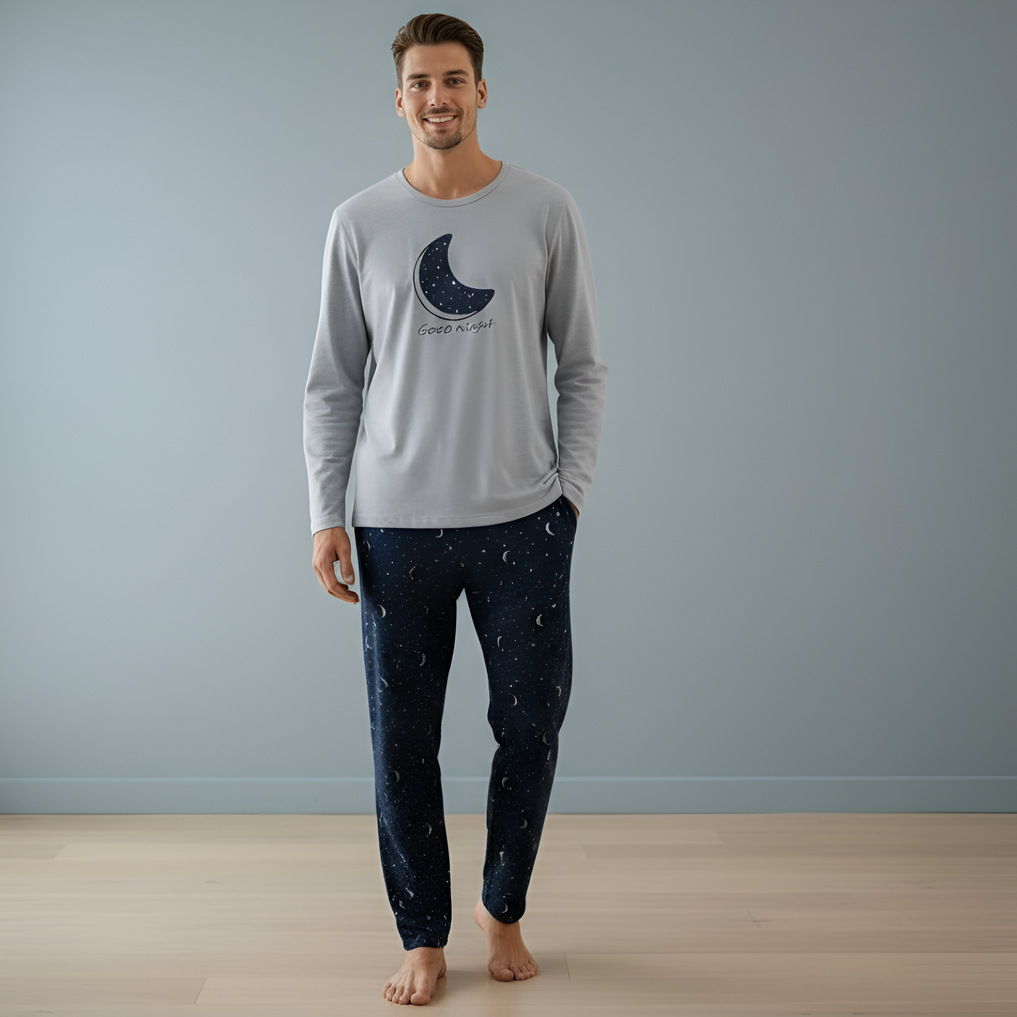 Couple Style Pajamas Long Sleeve Long Pants Star Moon Print Sleepwear Set 