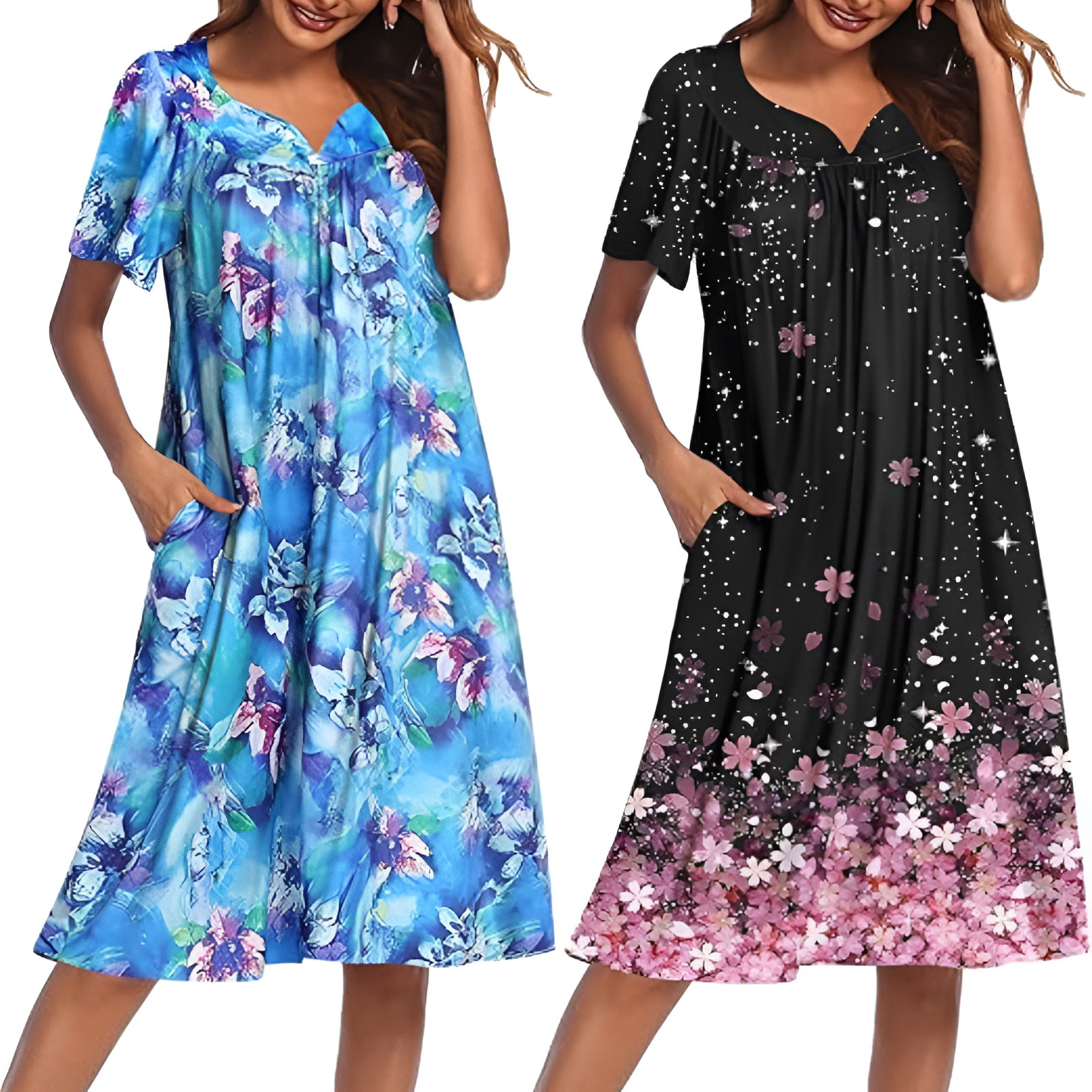 Pack Of 2 Casual House Dresses For Women With Pockets And Floral Print