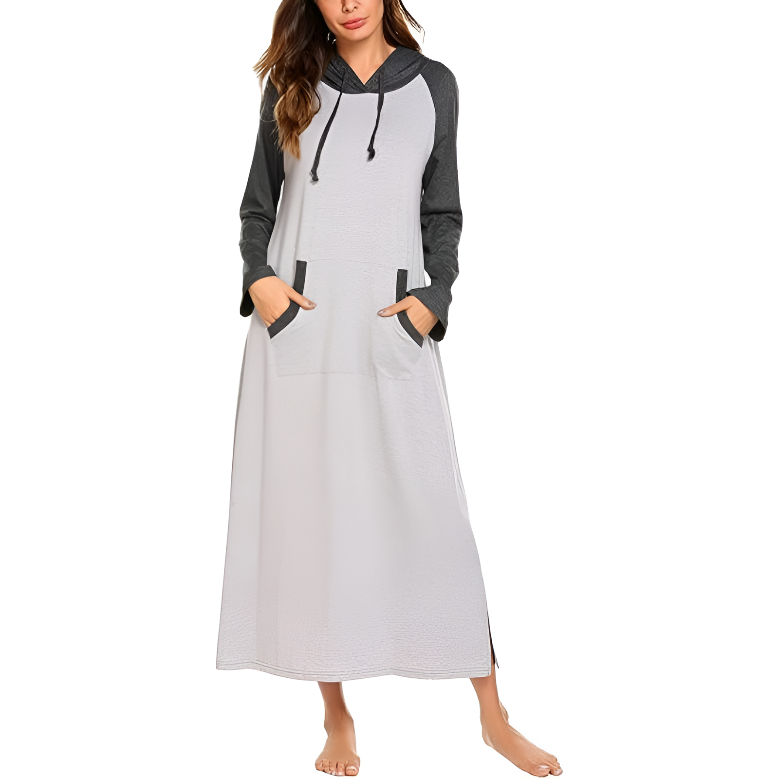 Hooded Nightgown Long Sleeve Full Length Loungewear With Pocket For Women