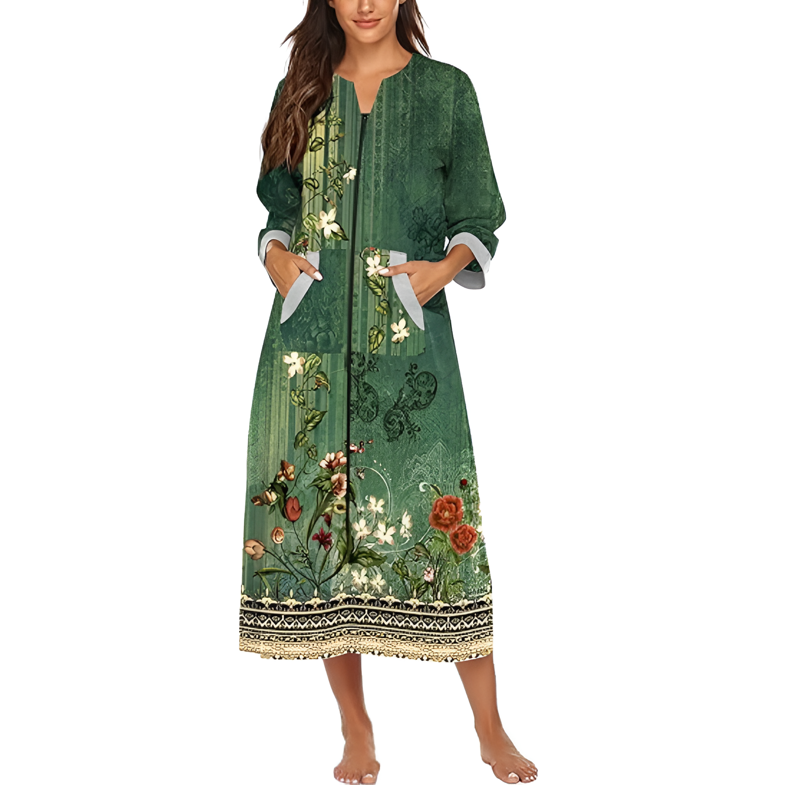 Women Zipper Robe Sleeves Loungewear Dress Full Length Sleepwear Pockets