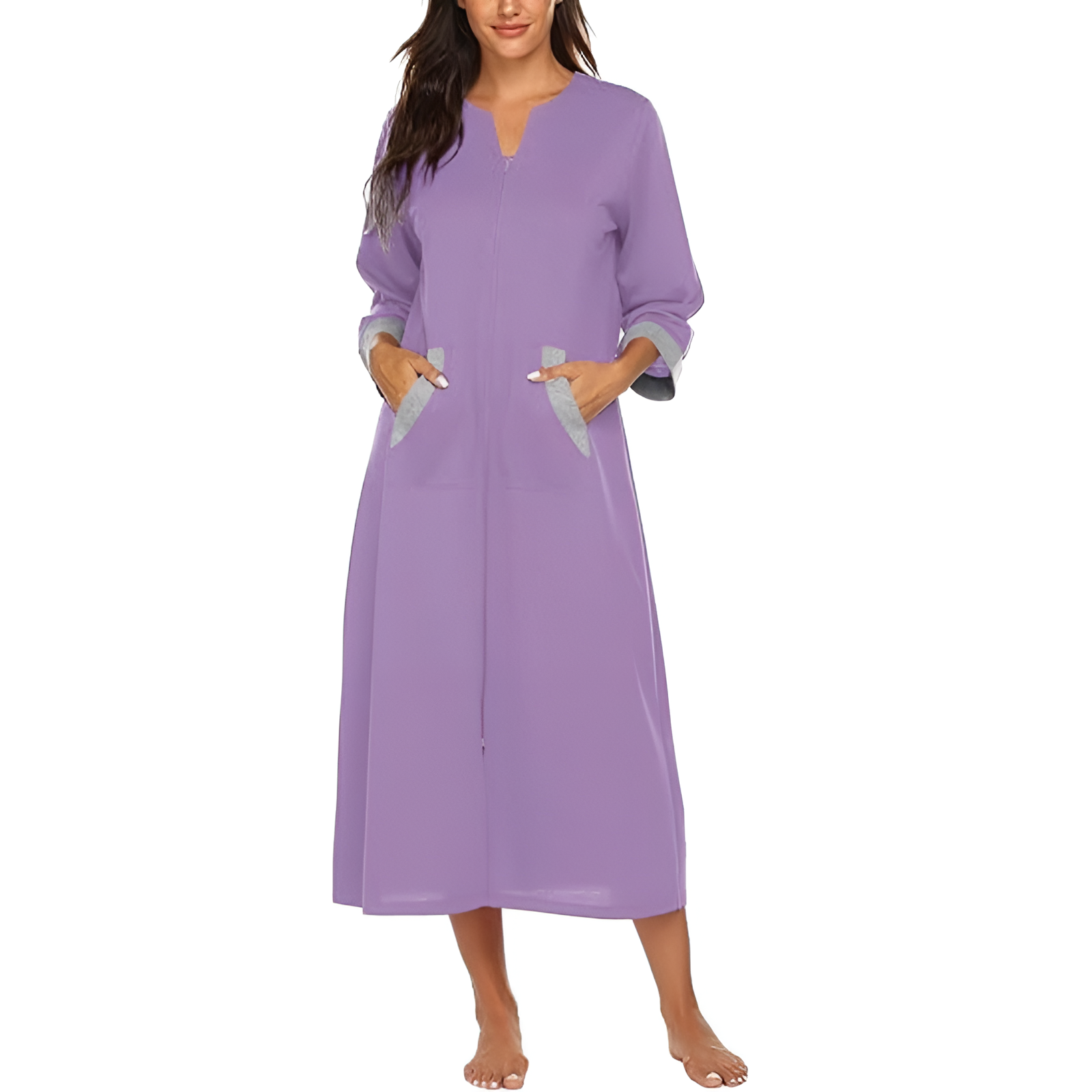 Women Zipper Robe Sleeves Loungewear Dress Full Length Sleepwear Pockets