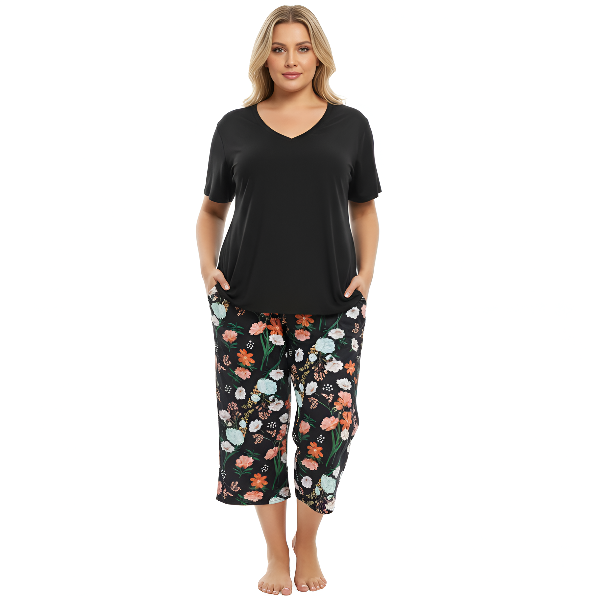 Sleepwear Top And Capri Pajama Pants Set For Women
