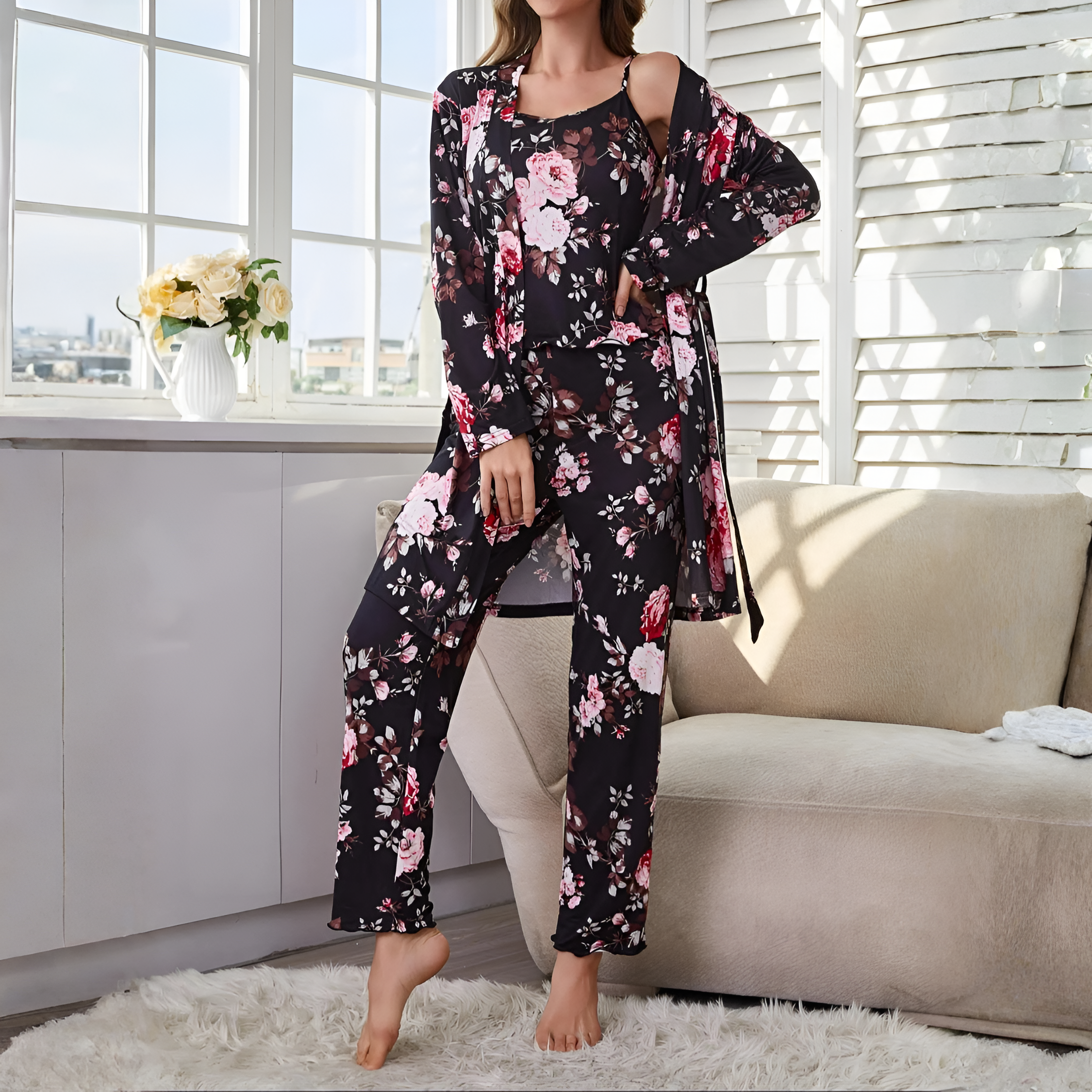 3 Piece Of Floral Print Sleepwear Pajama Set With Robe Cami And Pants For Women