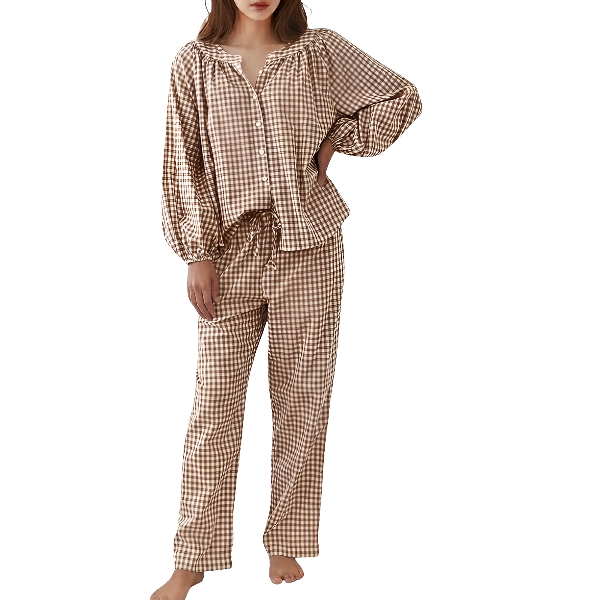 2 Piece Of Gingham Plaid Sleepwear Pajama Set