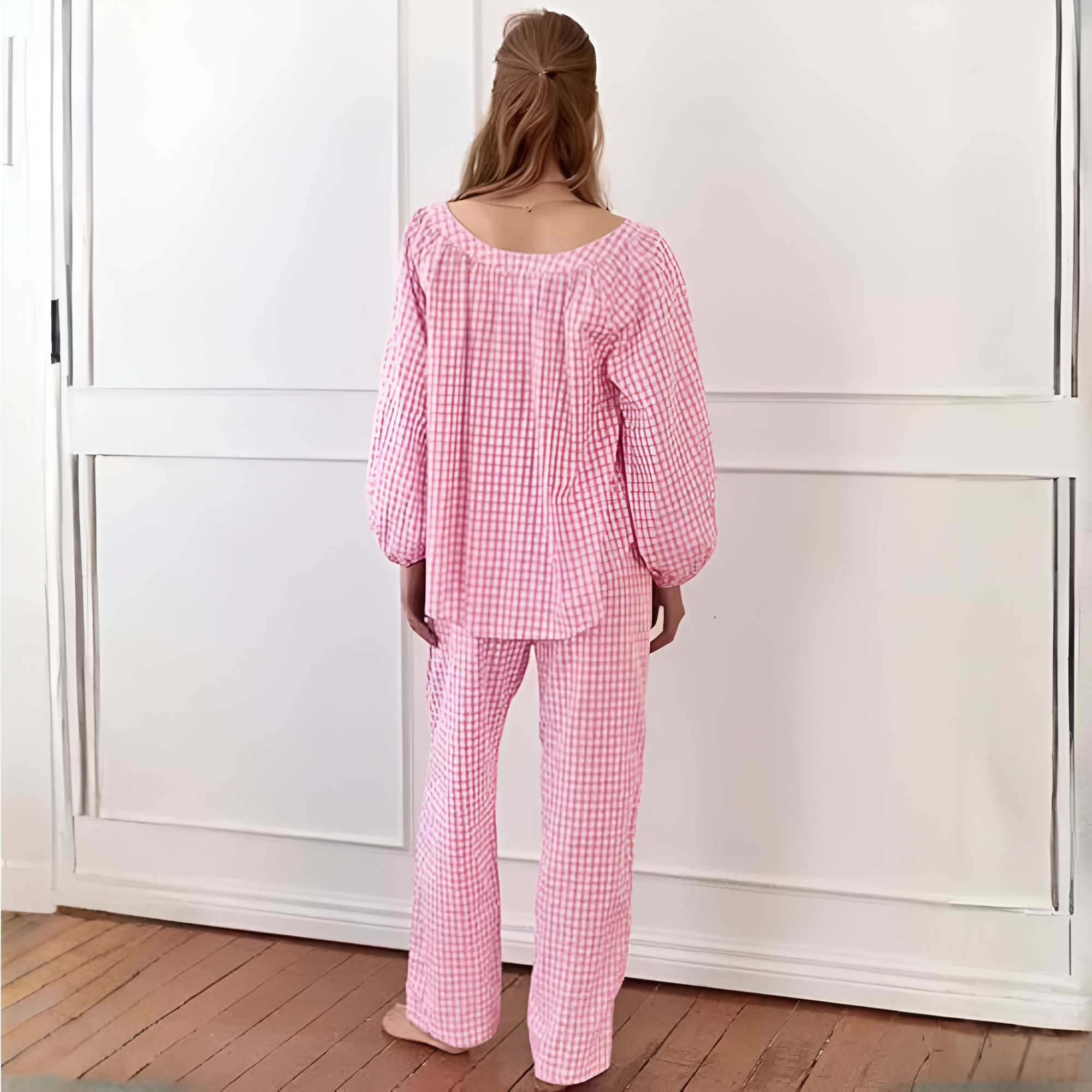 2 Piece Of Gingham Plaid Sleepwear Pajama Set