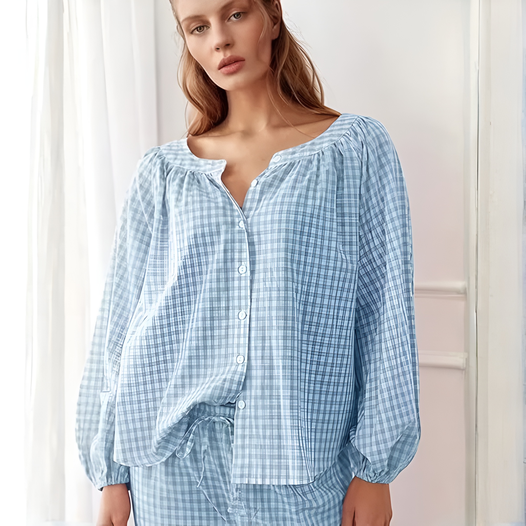 2 Piece Of Gingham Plaid Sleepwear Pajama Set