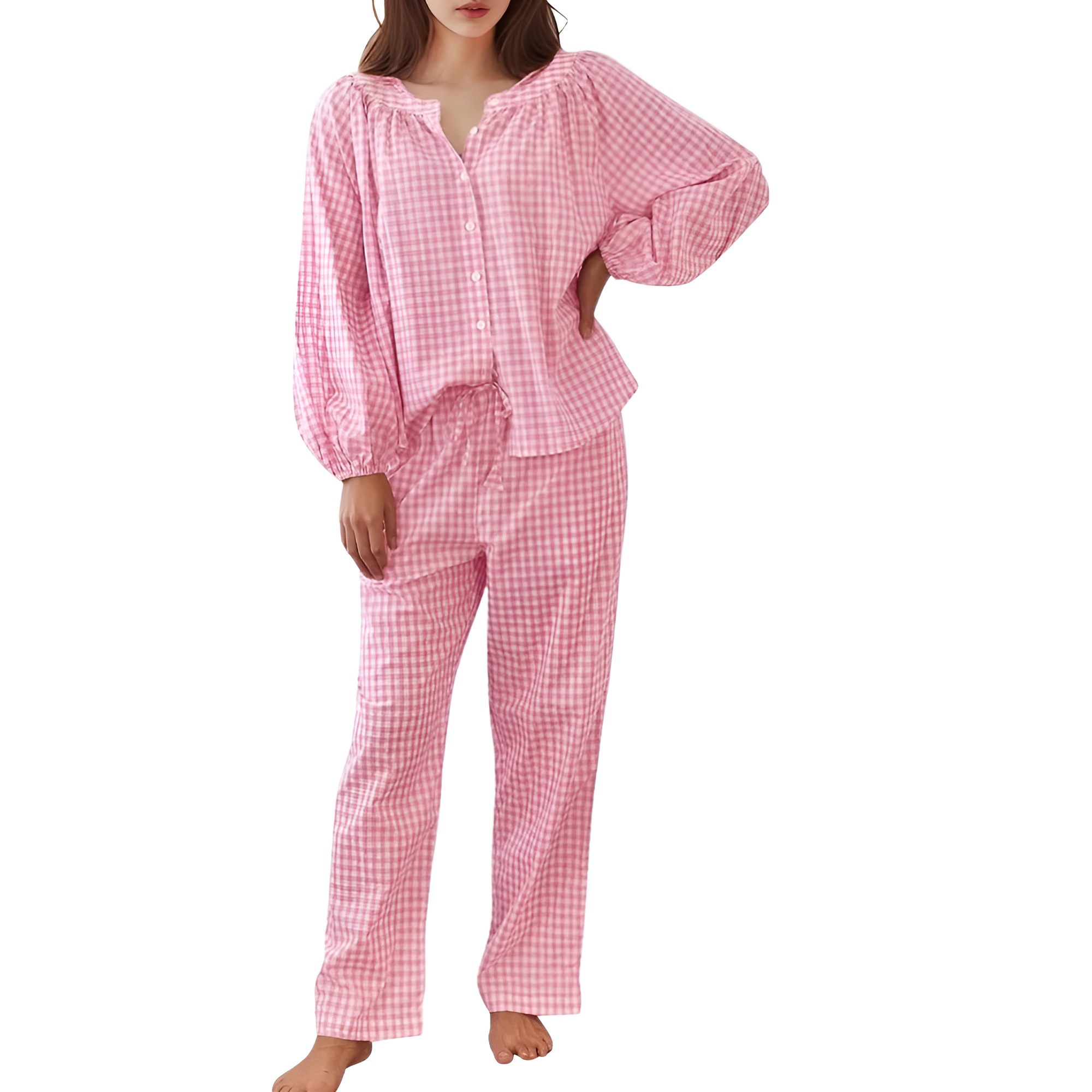 2 Piece Of Gingham Plaid Sleepwear Pajama Set