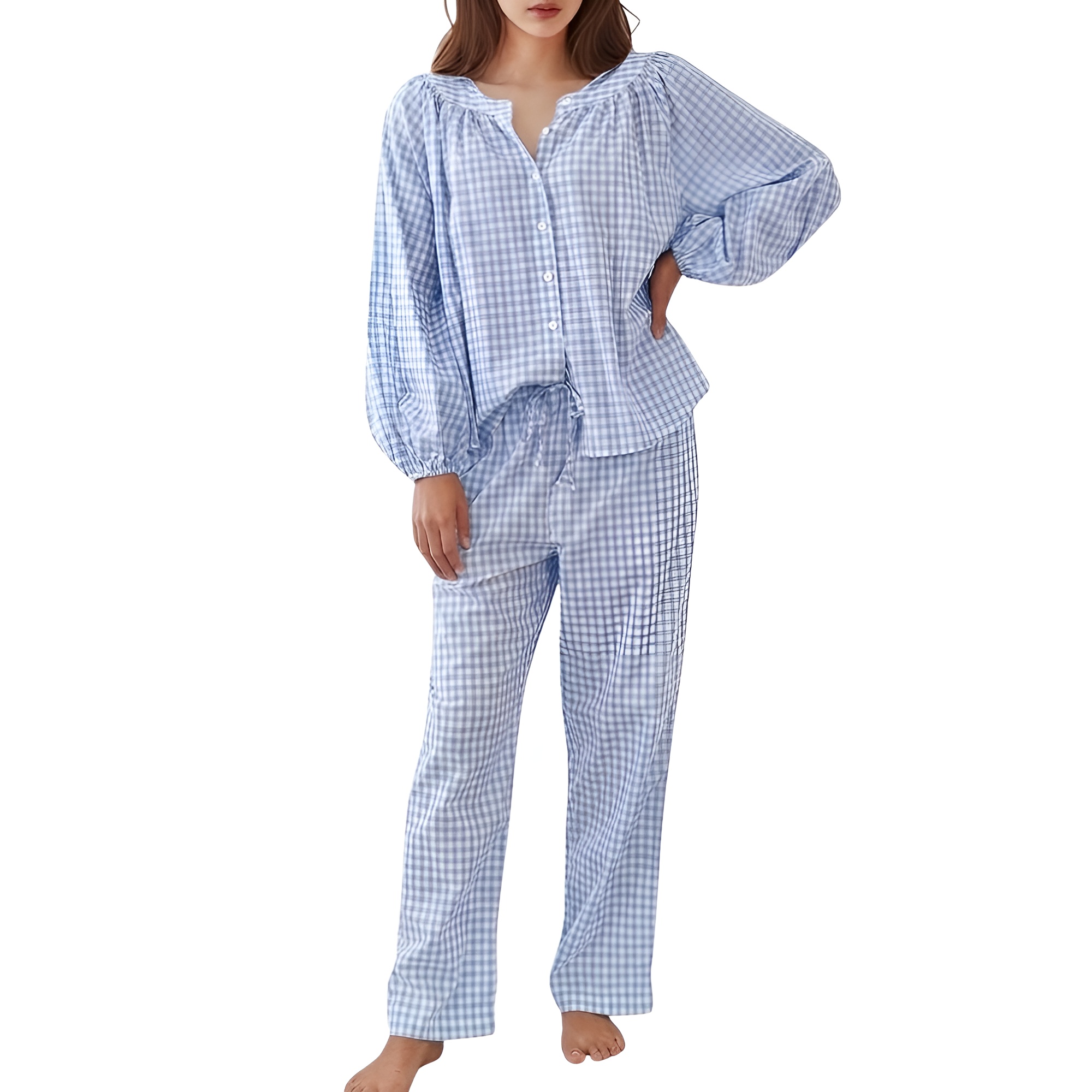 2 Piece Of Gingham Plaid Sleepwear Pajama Set