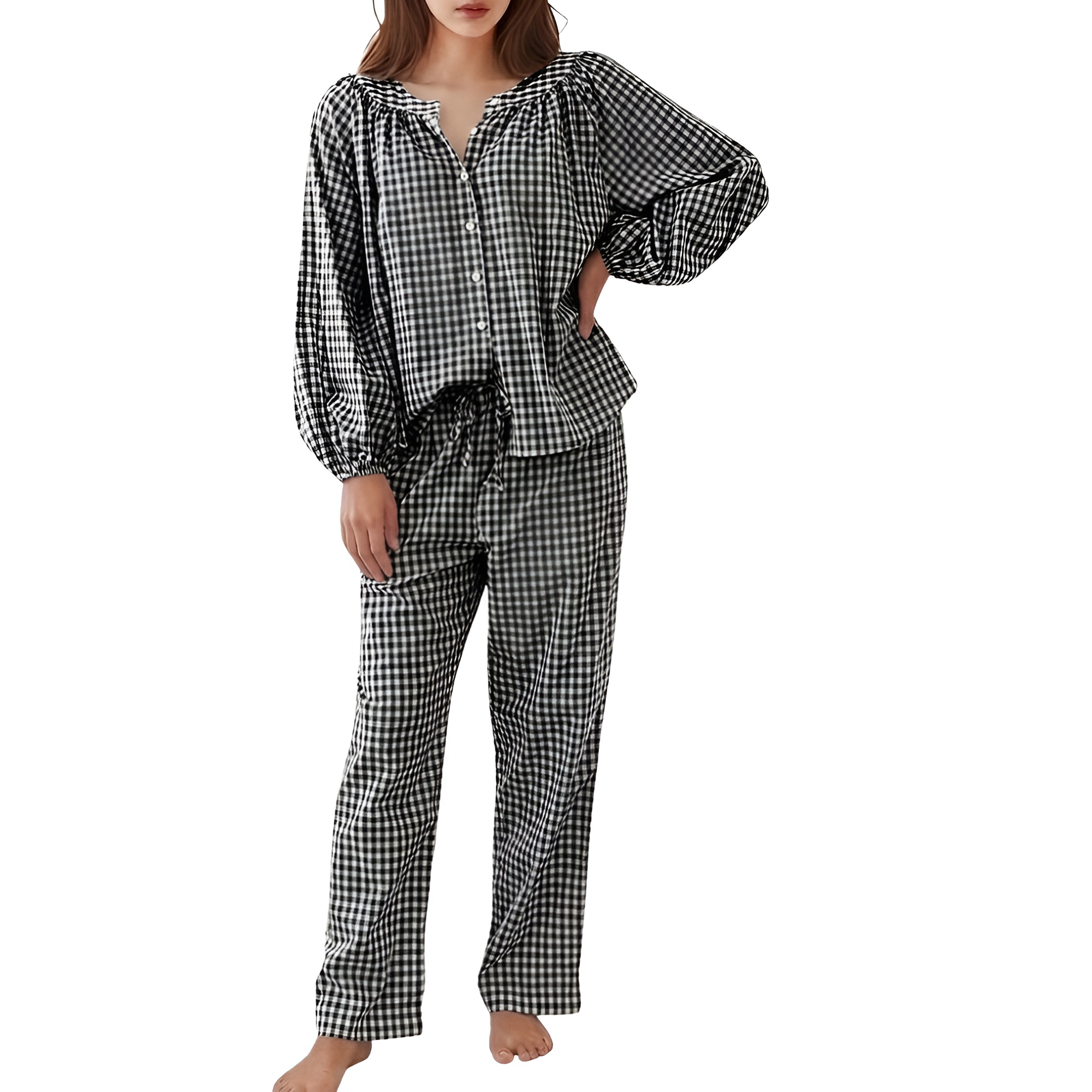 2 Piece Of Gingham Plaid Sleepwear Pajama Set